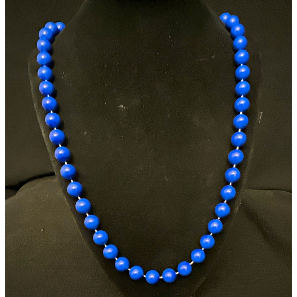 Blue Beaded Necklace Round Ball/Bead Chain Spring Ring Clasp Knotted 24 in